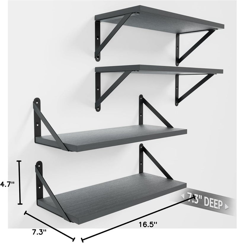 COCOYA Wall Shelves 7.3" Deep Set of 4, Solid Paulownia Wood Wider Longer Sturdy Easy to Install Wall Mounted Bookshelves Storage Shelves Bathroom Home Office Laundry Room Bedroom Organizer Gray - Image 3